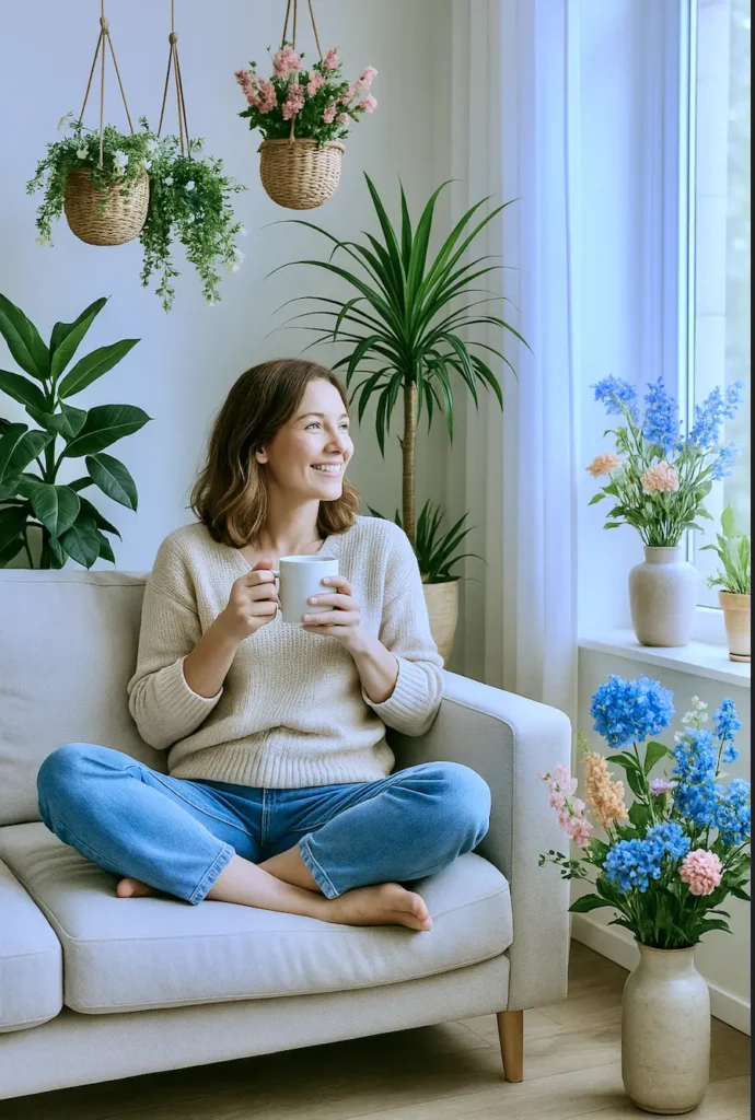 Woman resting in her clean living room after a deep residential cleaning by Baywatcher Cleaning in Tampa.