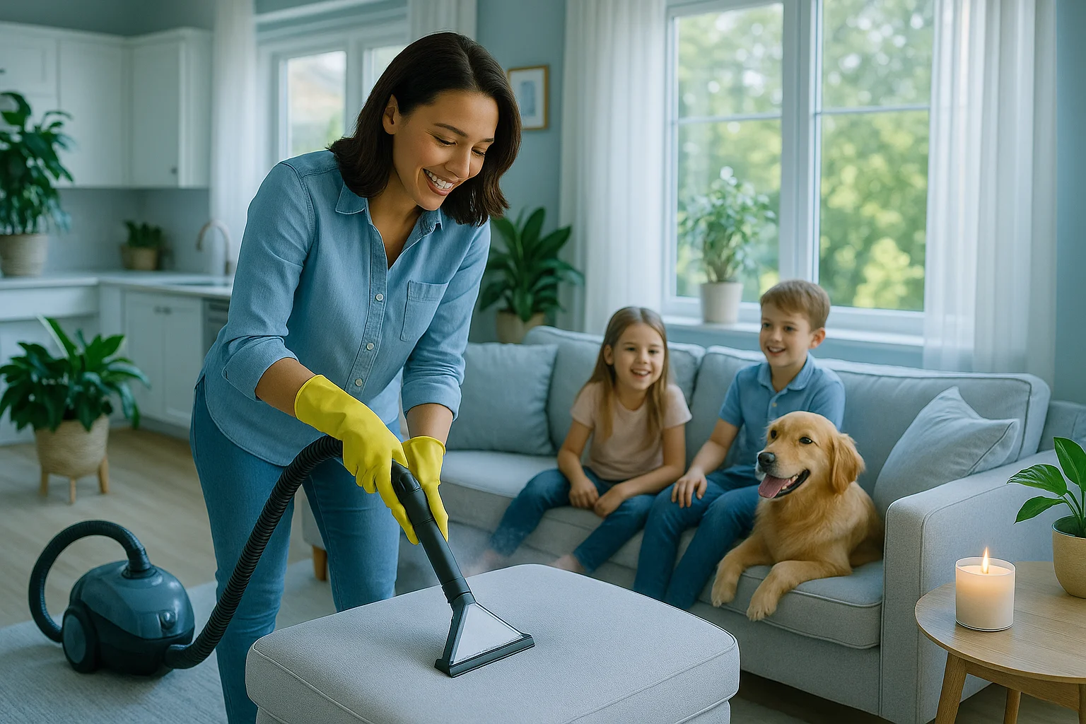 Smiling mother steam-cleans an ottoman in a bright, cool-toned Tampa living room while two children and a golden retriever sit on the sofa, sunlight and garden view in the background.